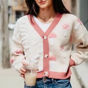 NWT Simply Southern Groovy Mushroom Cropped‎ Cardigan for Women Cream Large